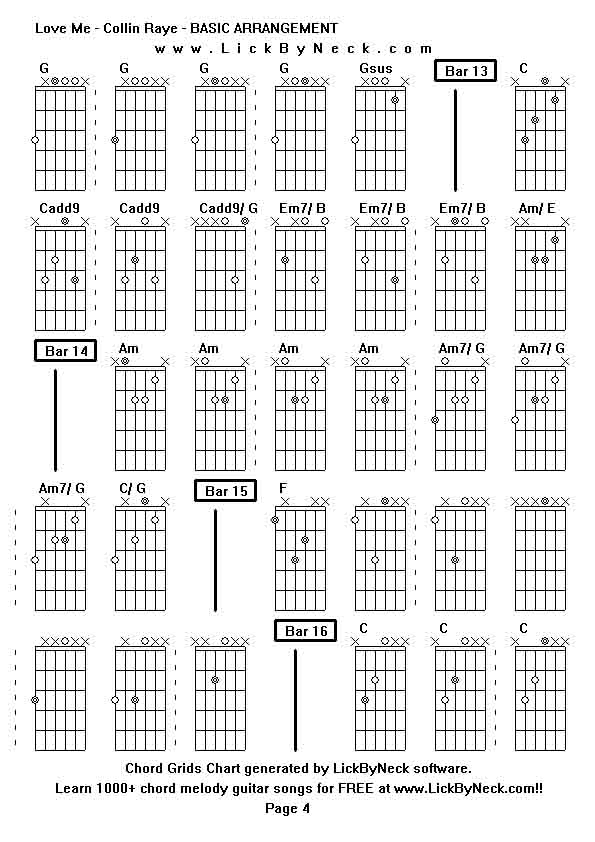 Chord Grids Chart of chord melody fingerstyle guitar song-Love Me - Collin Raye - BASIC ARRANGEMENT,generated by LickByNeck software.